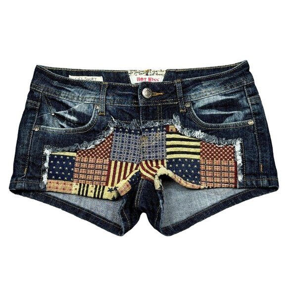 Hot Kiss Womens Blue Denim Cici Short Shorts Flag Patchwork Low Rise Size 3 - Picture 1 of 13